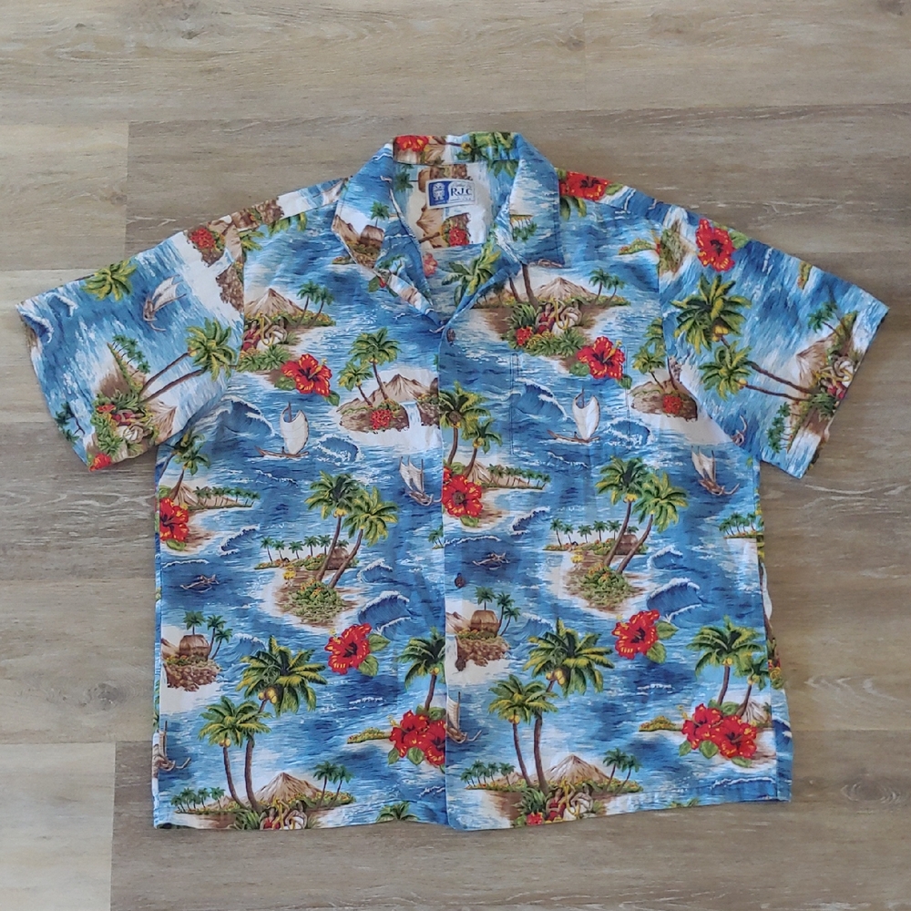 Vintage Styled By RJC Hawaiian Floral Button Down Aloha Shirt Blue Size 2XL